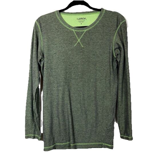 Olive & Slime Green Long Sleeve Tshirt Micro Rib Carbon Sm Y2K Contrast Stitch - Picture 1 of 9